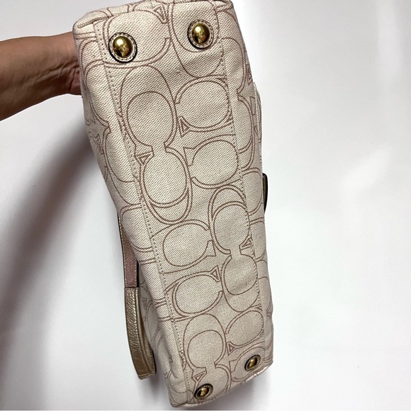 Coach Monogram Penelope Handbag Satchel Gold Leather Ivory Linen Signature C - Picture 14 of 16